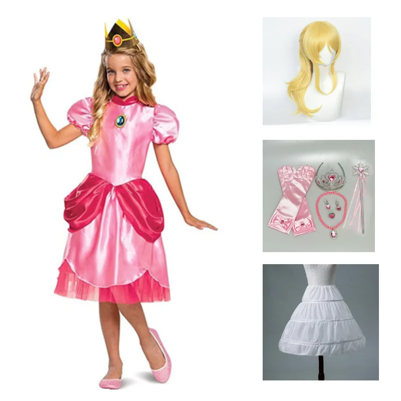 Little Princess Peach Costume Marios Brother Princess Cosplay Classic Game Marios Costume Kids Girl Halloween Fancy Dress Crown