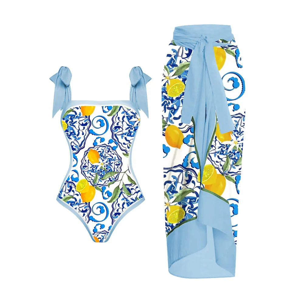

Female Retro Swimsuit One Piece Flower Blue Printed Swimwear Deep Holiday Beachwear Designer Bathing Suit Summer Surf Wear
