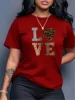 Fashion White "Love" Leopard Heart Pattern T-shirt-Casual round Neck Short Sleeves Casual T-shirt Leopard Heart Pattern