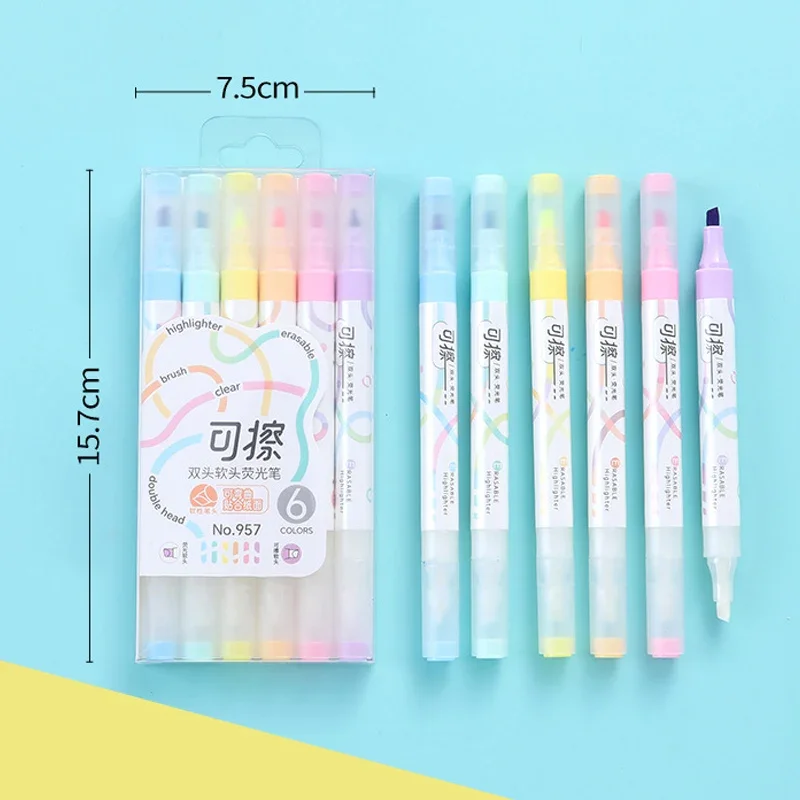 6 가지 색상 세트 Kawaii 지울 수있는 형광펜 양방향 메모 밑줄 4mm 두께 마커 형광 메모 펜