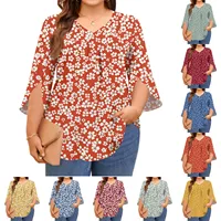 Plus size T-shirts women's fashion printed tops v-neck three-quarter sleeves t shirts spring autumn casual pullover tops - Image 5