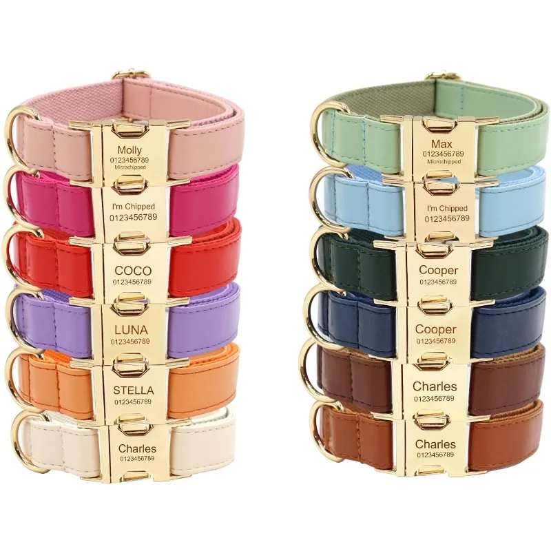 Personalized Leather Dog Collars with Metal Buckle Custom Pet Name Phone Number for Small Medium Large Dogs ID Tag Dog Collar