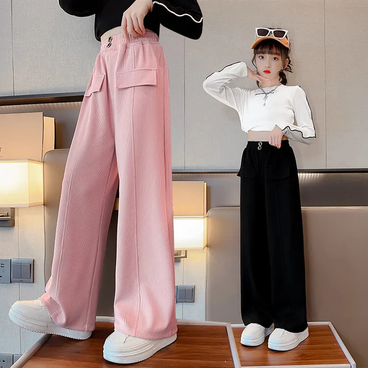 

Spring Autumn Children Girl Casual Pants Teenager Girl 2 Pocket Wide-leg Pants School Girl Elastic Waist Sport Pants Trousers