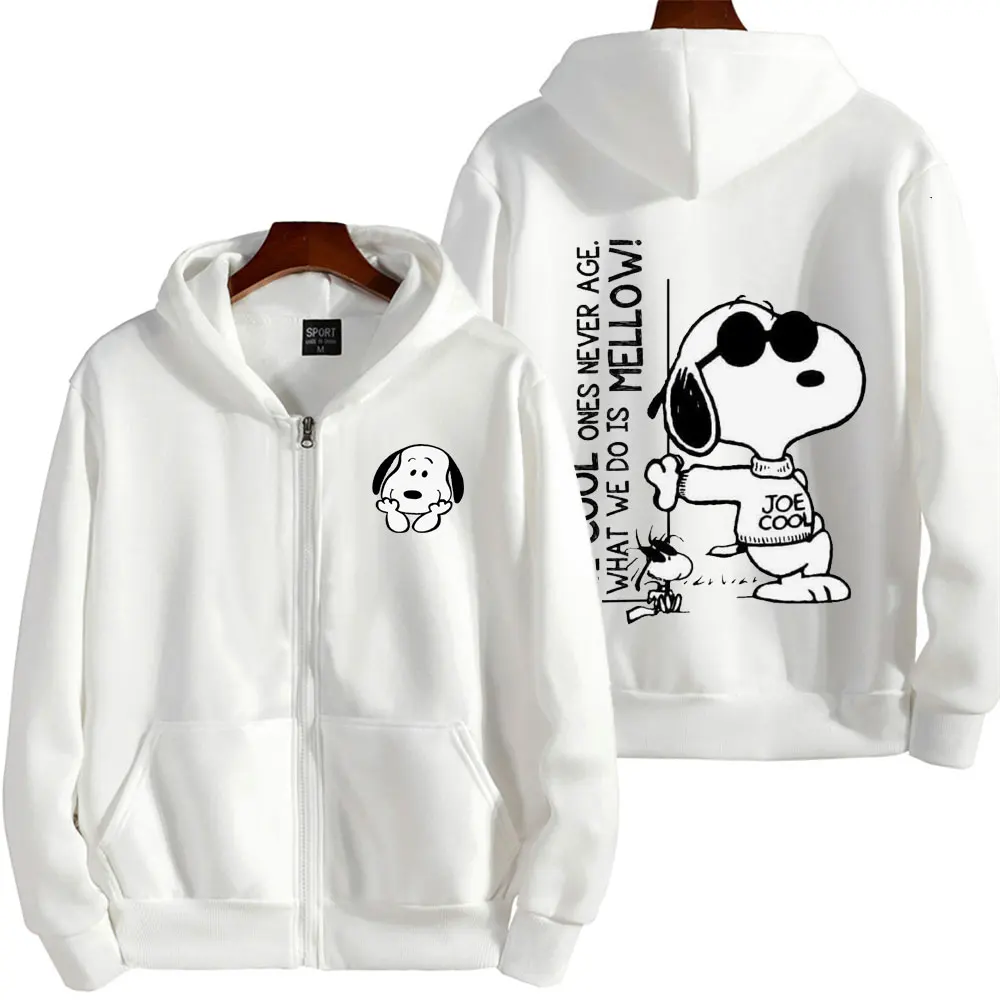 

Белая толстовка Snoopy на молнии для мужчин и женщин с рисунком из аниме, модная толстовка, новинка 2024 года, корейский стиль, куртка для пар, пальто