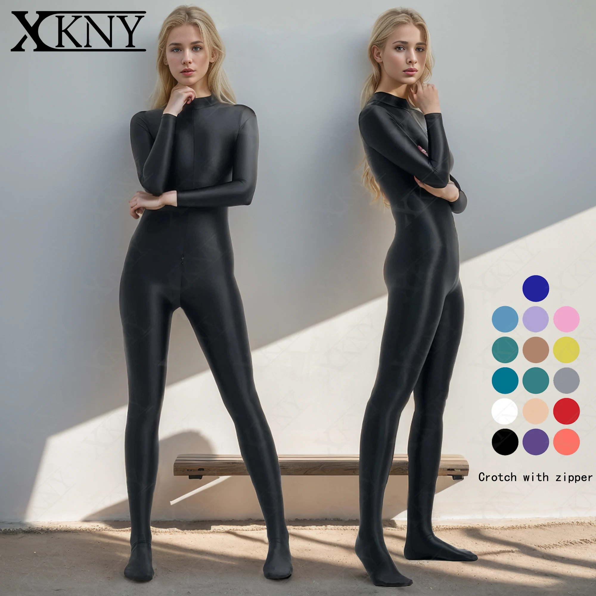 

XCKNY атласный глянцевый боди с высоким воротником и длинным рукавом, комбинезон унисекс с вырезом, двойной конец, трико на молнии