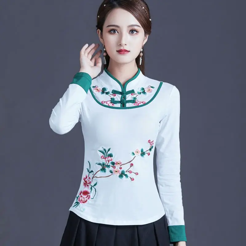 Traditional Chinese Clothing Women Cheongsam Top Embroidery Mandarin Collar Vintage Shirt Blouse Ladies Chinese Top V1910 women chinese shirt