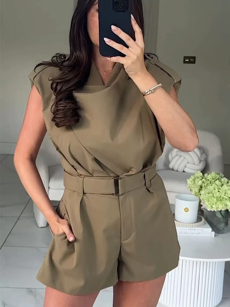 TFMLN Women Playsuits 2025 Trend Elegant Women's Short Romper Chic Shoulder Pad Jumpsuit Female One Pieces Bodysuit With Belt