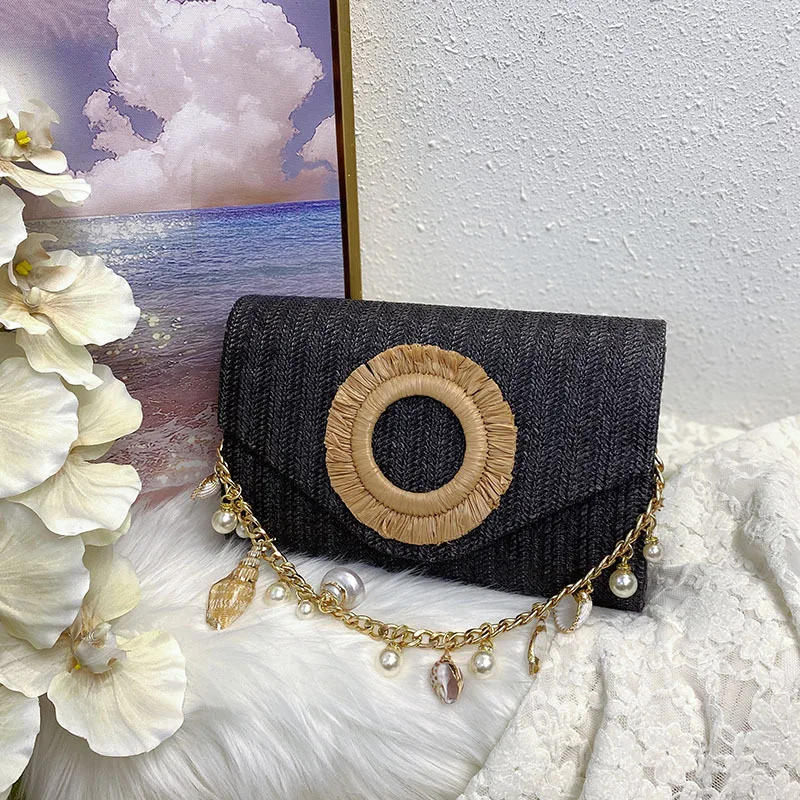 Summer Beach Straw Clutch Bag Cute Ball pendant Crossbody Bag for Women Travel Shoulder Bags Purse Ladies Casual Bags Wicker Bag