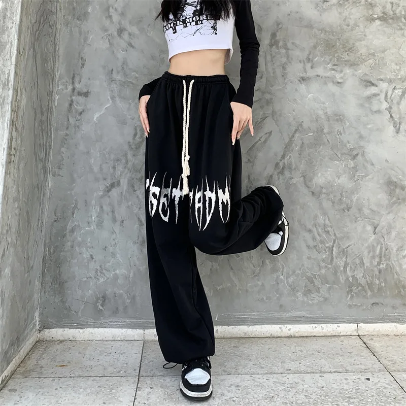 

Harajuku Letter Print Women's Pants Cotton Casual Loose Full Length Autumn/Winter Wide Leg Pants Elastic Waist Oversize Pants