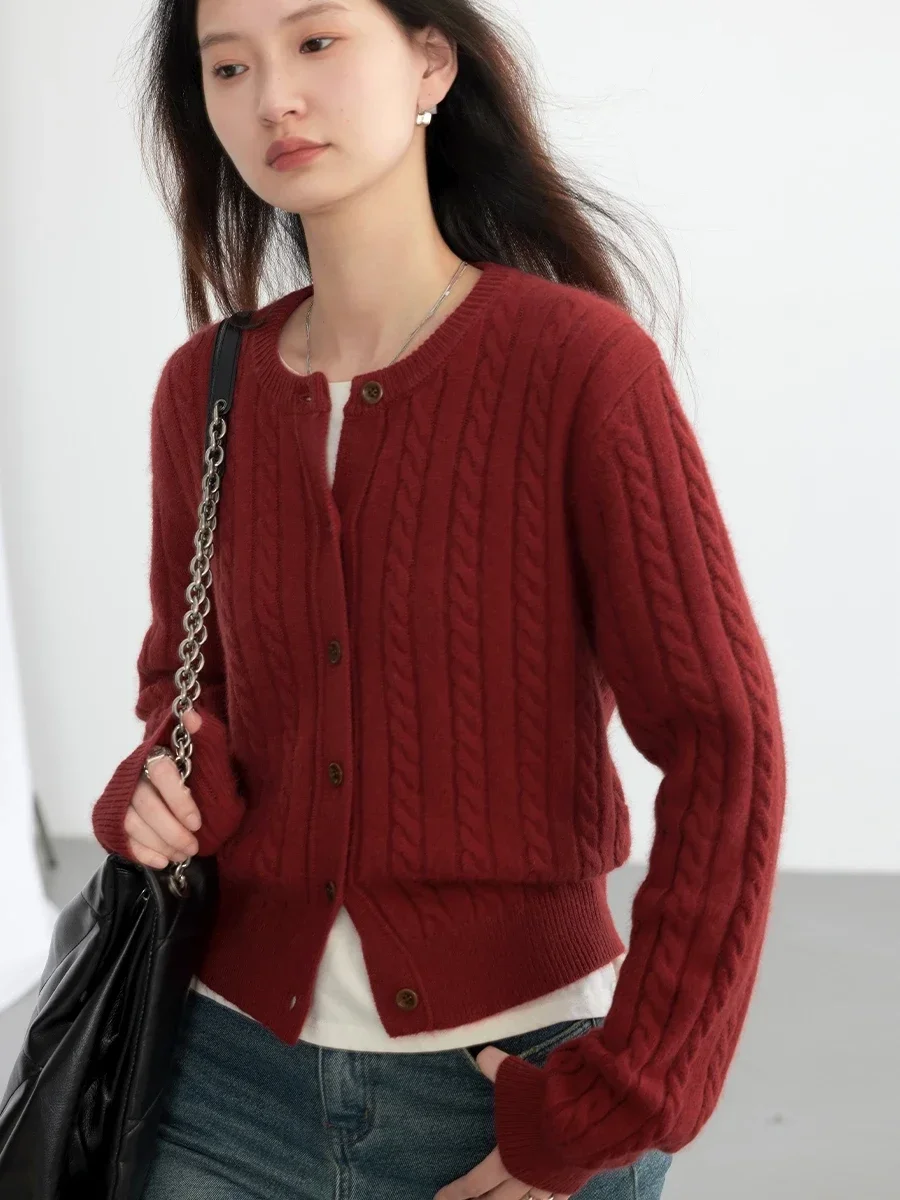 CHIC VEN Women Cardigan Casual Red  Round Neck Twisted Raccoon Hair Female Knitted Sweaters Ladies Jumpers Spring Autumn 2024 3