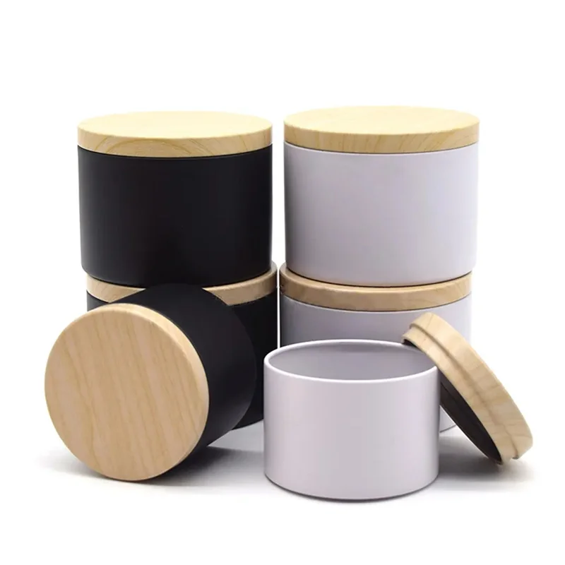 120pcs 4oz 8oz Round Tin Cans for Candles Black/White Crafts Candle Packaging Tin Cans With Wood Grain Lids In Bulk Metal Candle 3