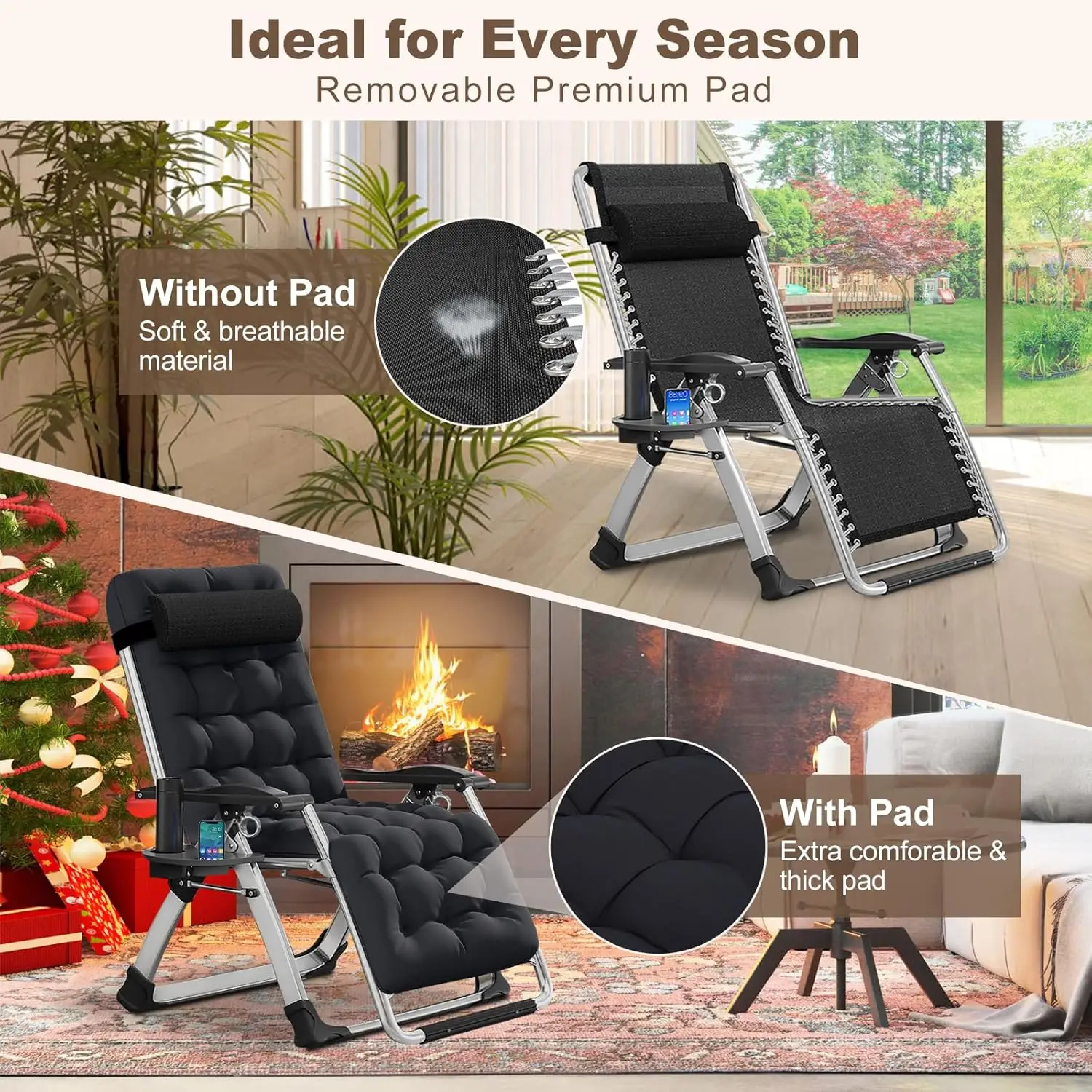 Comfy Folding Recliner Chair - Bedroom & Living Room, Patio Lounge Chair with Removable Cushion for Indoor Outdoor