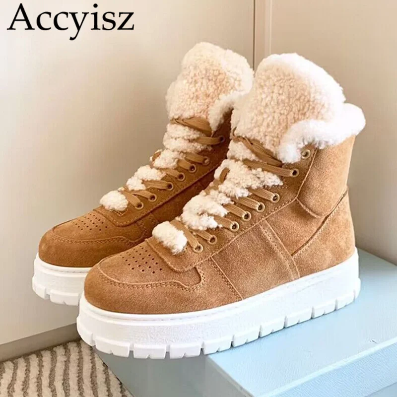 

Platform High Top Sneakers Women Real Leather Round Toe Lace Up Small White Shoes Autumn Winter Wool Lining Leisure Snow Boots