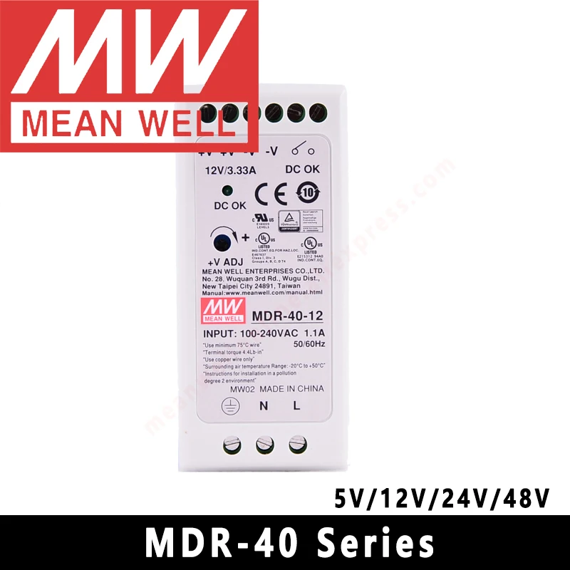 Mean Well 단일 출력 산업용 DIN 레일 전원 공급 장치, 오리지널 Mean Well MDR-40-24 DC 24V 1.7A 40.8W