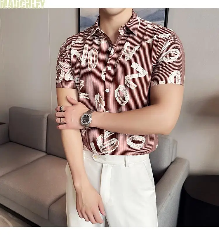 Summer Mens Short Sleeve Red Hawaii Printed Shirt Men's Social Shirt Dress Size 4XL Korean Stylish Slim Fit Casual Boy's Blouse