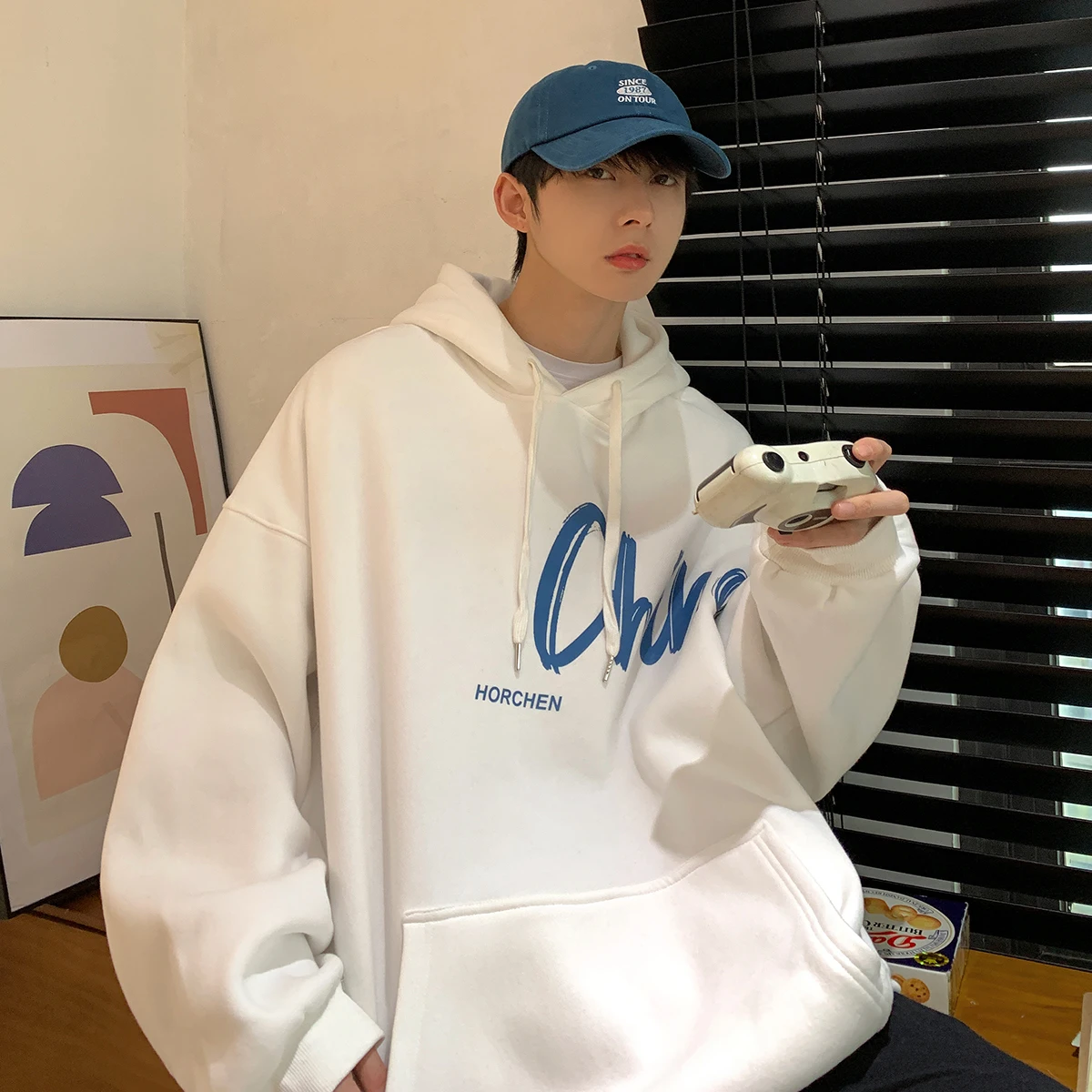Pullover Sweater Men's Autumn and Winter Fleece-lined Warm High Street Fashion Coat Hooded Loose Casual Color Letter Printing1Pc