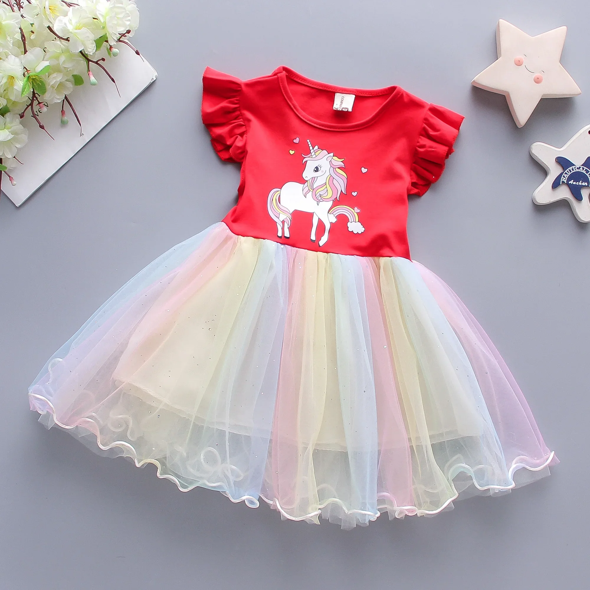 Girls Dress Summer Children Cartoon Cloud Little Horse Rainbow Gradient Mesh Sleeveless