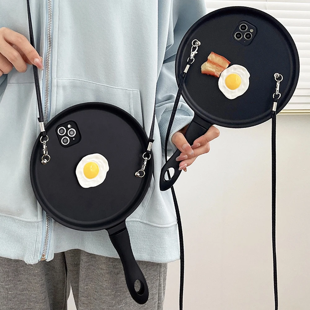 Crossbody Strap 3D Frying Pan Phone Case - Cute Shockproof Pot INS Fashion Cover