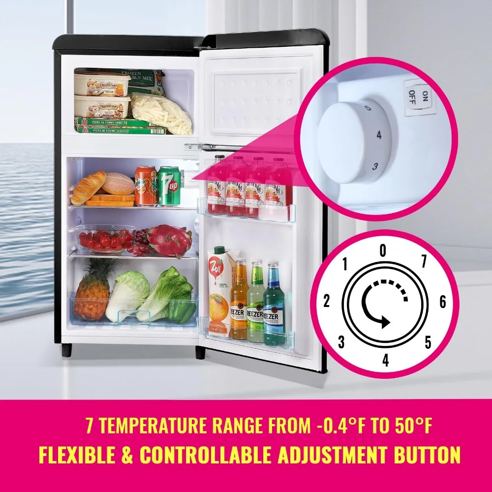 Mini Dual Door Refrigerator with Freezer, 3.5 Cu.Ft Compact Refrigerator with Adjustable Temperature & Removable Glass Shelves 3 Mini Dual Door Refrigerator with Freezer, 3.5 Cu.Ft Compact Refrigerator with Adjustable Temperature & Removable Glass Shelves 3