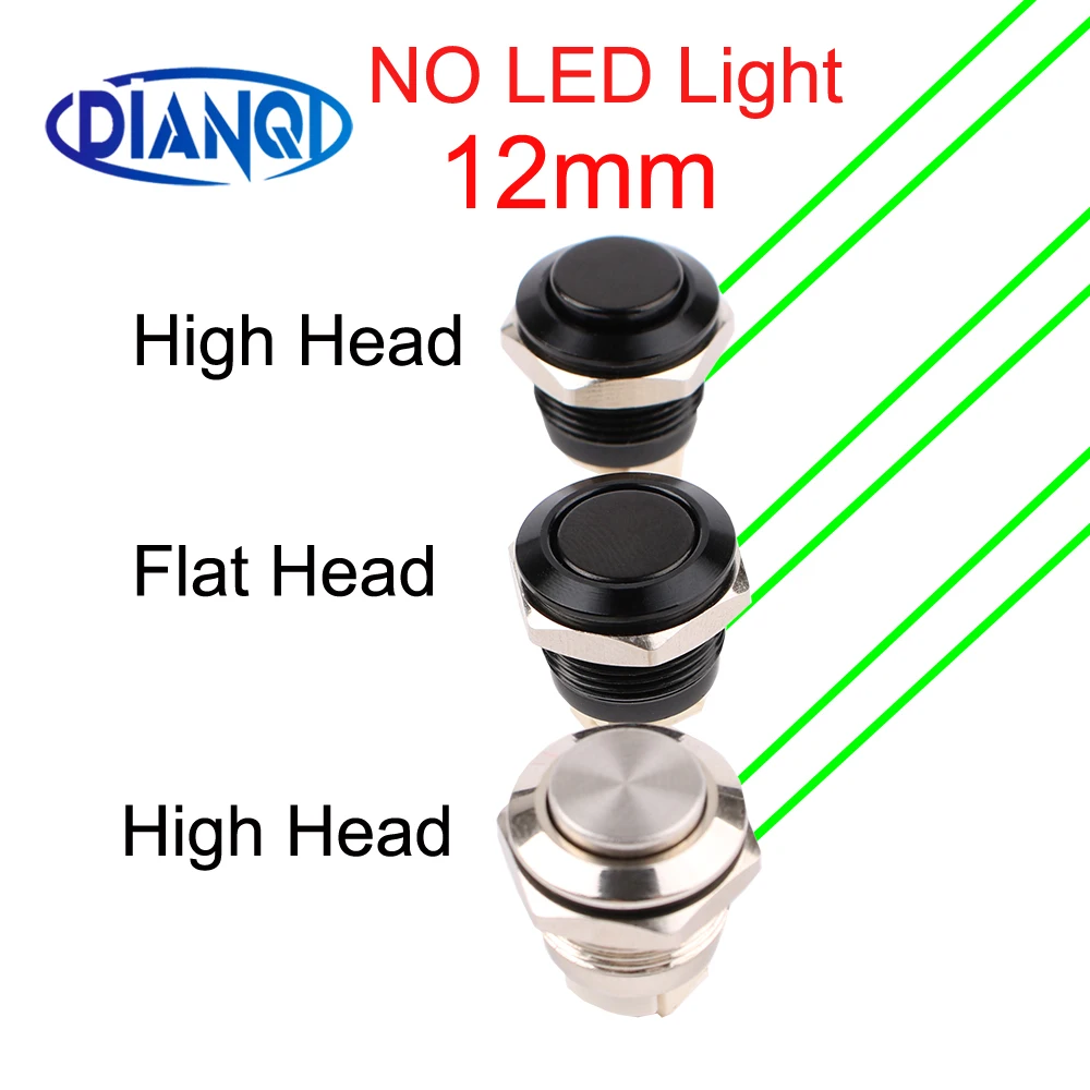 1pc 12mm ultra kurzer Metall druckknopf schalter mit Draht kurzzeitigem Zurücksetzen kein LED-Licht flach/hoher Kopf grün blau rot schwarz Körper – Detail 1