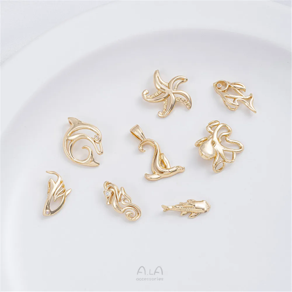 

14K Gold Color Plating Marine Life Dolphin Starfish Pendant DIY Hand String Pearl Bracelet Charm Pendant Jewelry
