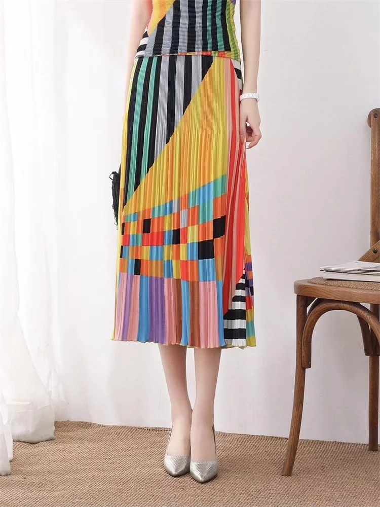

Miyake Style Pleated Skirt Women 2023 Summer Printed Large Size Large Swing Mid-Length Versatile Younger Fashion Elegant Skirt