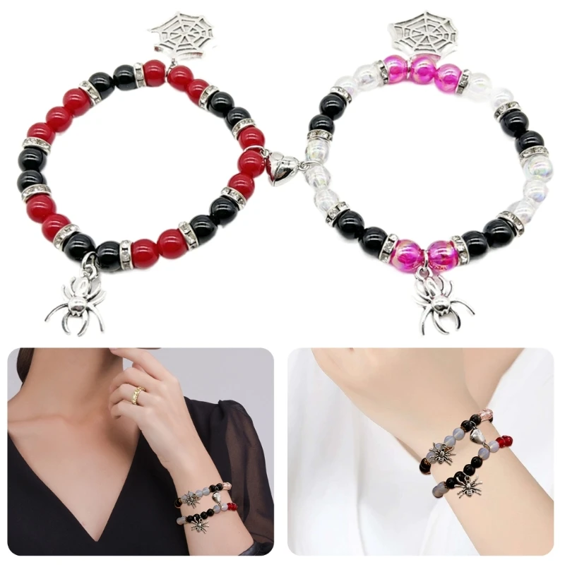 

2pcs Halloween Spiders Couple Bracelets Magnetic Matching Bangle Fashionable Hand Jewelry Wrist Chain for Women and Men