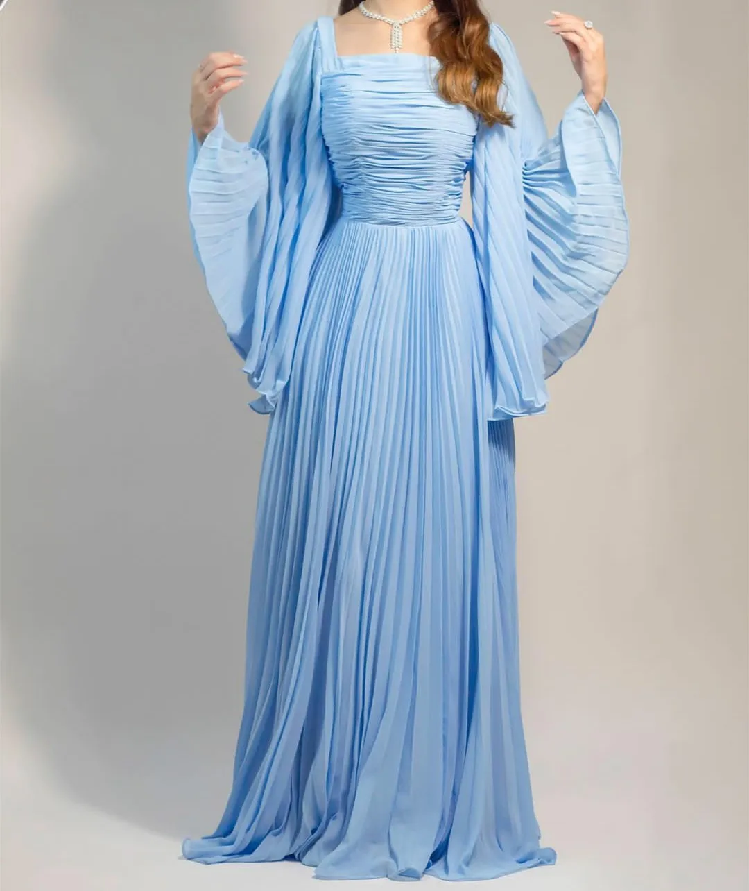 

Light Blue Chiffon Prom Dresses for Musilm with Puffy Sleeve Floor Length فساتين مناسبة رسمية Square Collar Evening Dress