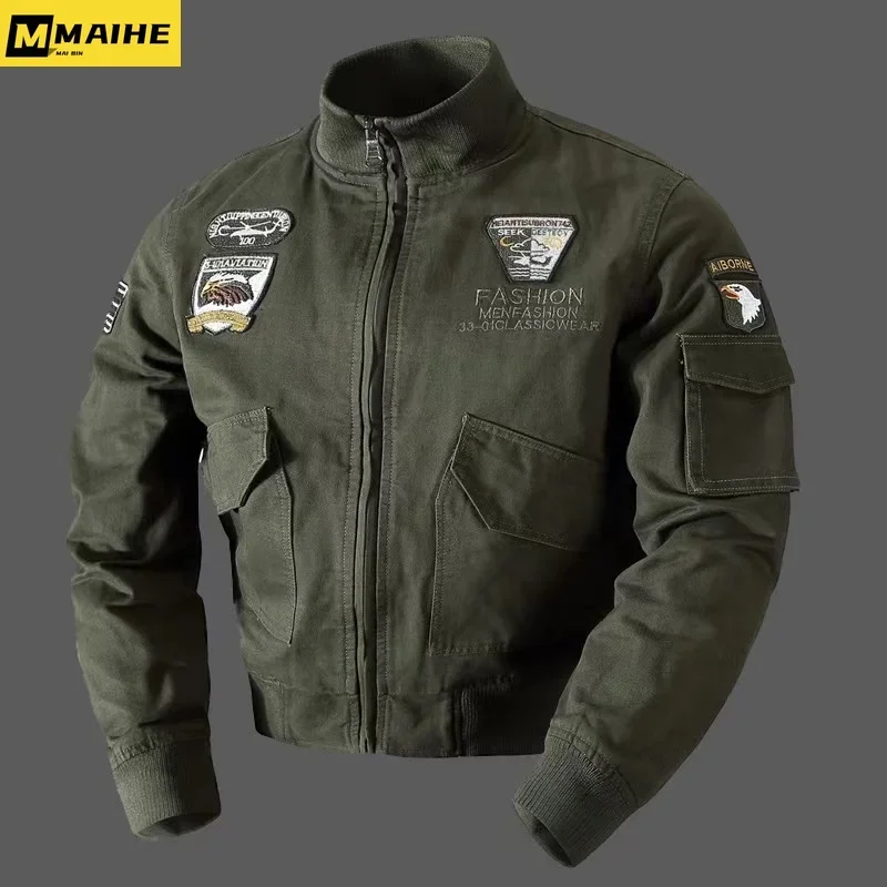 Bomber rétro homme automne printemps broderie avion pilote cargo col stand tactique