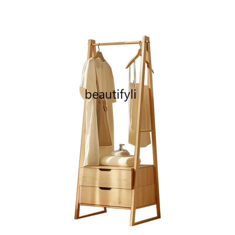 

Nordic Multi-Functional Wood Floor Coat Stand Ash Wood Bedroom Clothes Bedside Table Storage Cabinet Integrated