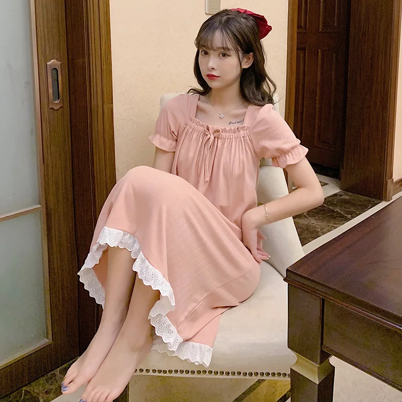 Lace Nightgown Sleepwear Womens Korean Ruffles Night Dress Lace One Piece Pajamas Autumn Long Sleeve Square Collar Home Wear New