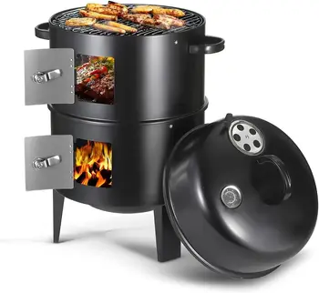 16.5 Inch Charcoal Smoker Grill with Thermometer, 3-in-1 Portable Vertical Smoker, Black 1