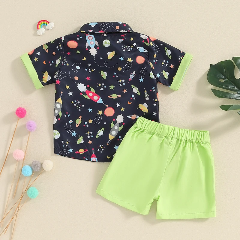 Toddler Boys Summer Shorts Sets Short Sleeve Lapel Spacecraft Print Button Shirt Green Shorts Sets