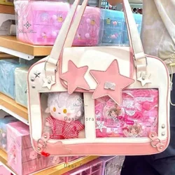 Trendy Y2K Star Ita Bag with Transparent Pocket - Cute Lolita Fashion Crossbody Shoulder Bag - 37x27x8cm with board (Pink White A)