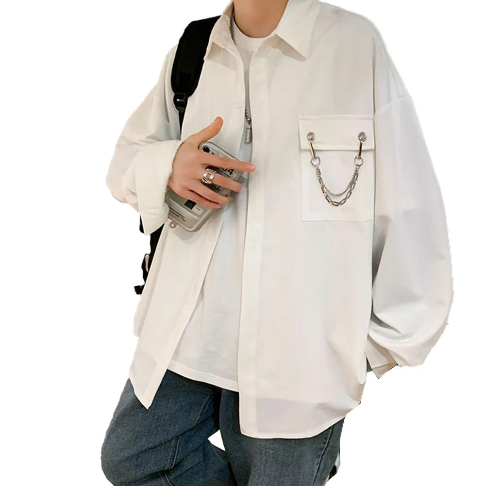 

Male Coat Shirt Gift Long Sleeves Loose Mens Shirt Pocket Soft Solid Stylish Top Breathable Button Casual Chain