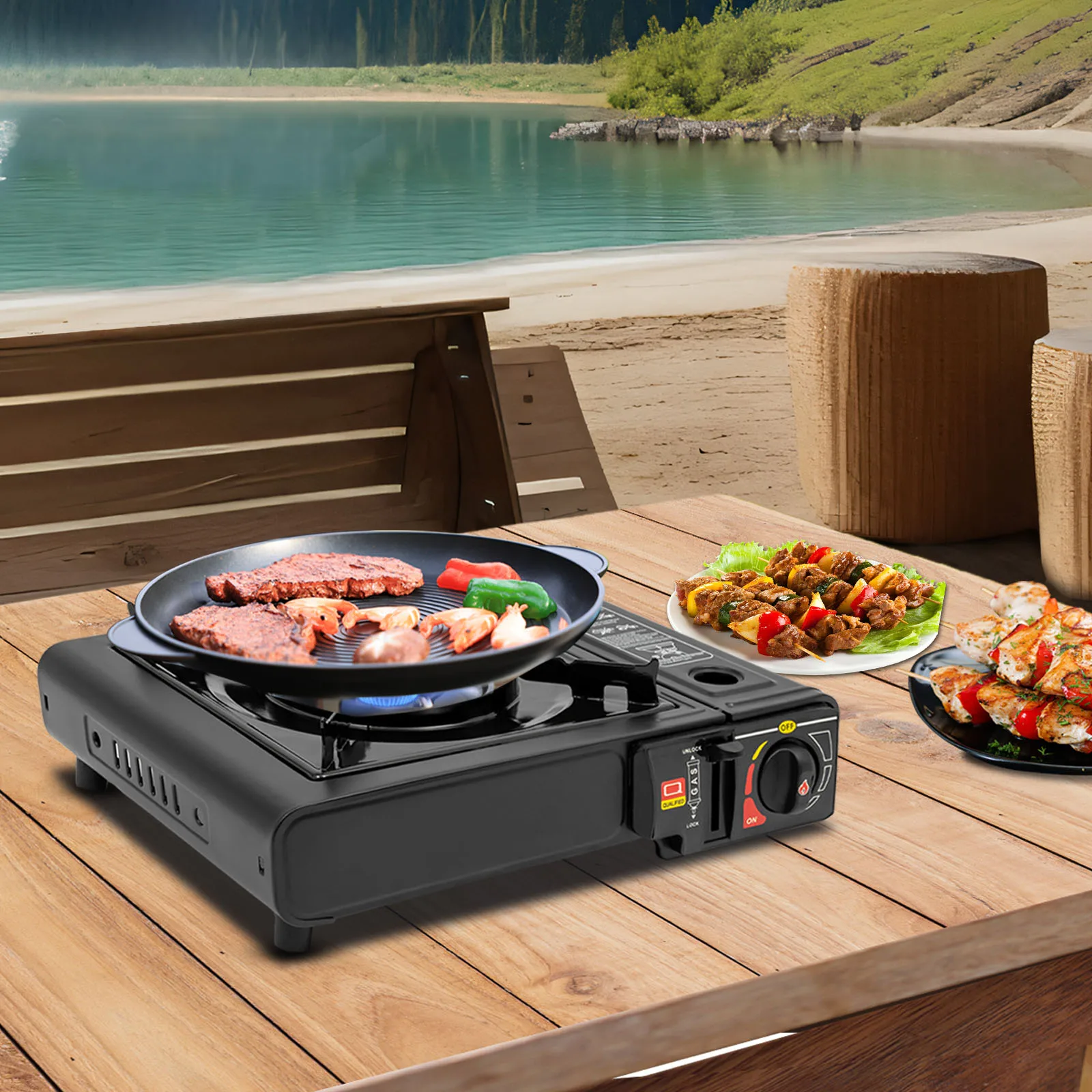 2500 W tragbarer Outdoor-Grill, Butan-LPG-Gasherd mit elektronischer Zündung für Camping, Picknick, Hinterhof, schnelle Erwärmung – Detail 1