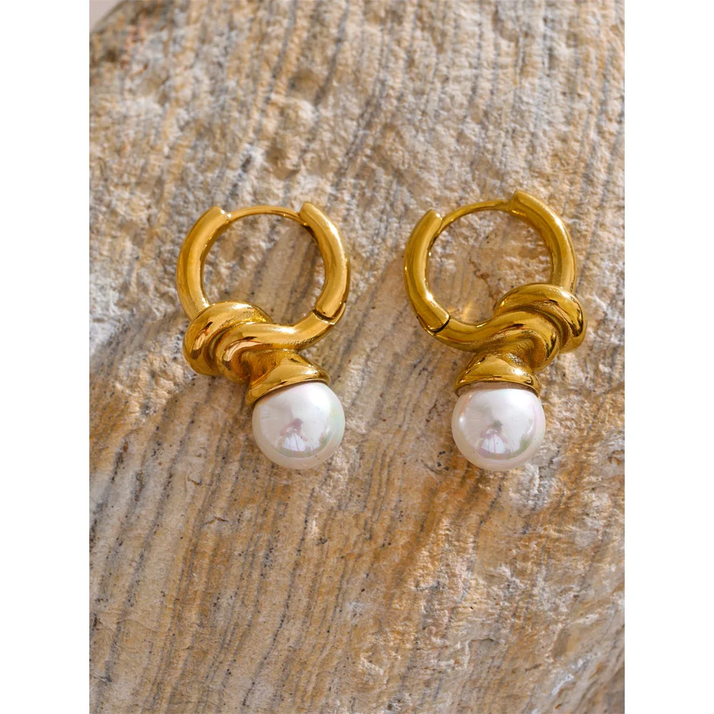 Yhpup Classic Stainless Steel Simulated Pearls Geometric Hoop Earrings