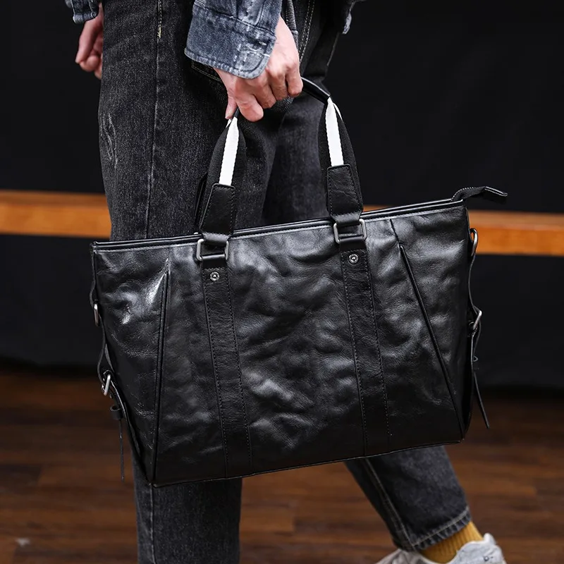 

Wmnuo New Briefcase Men's Genuine Cowhide Retro Messenger Bag Male Pleated A4 File Package Laptop Bag Man Men's Handbag Travel