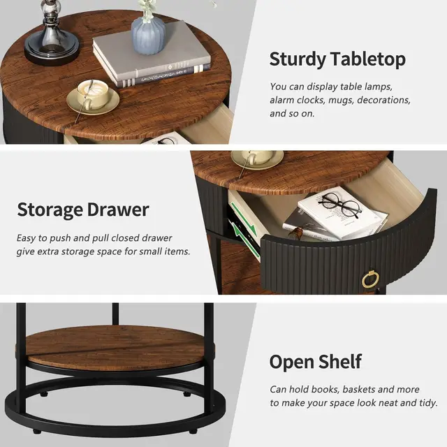 Round End Table with Drawer, Modern Wood Grain Side Table with Shelf, 2-Tier Nightstand with Drawer for Living Room, Bedroom 5