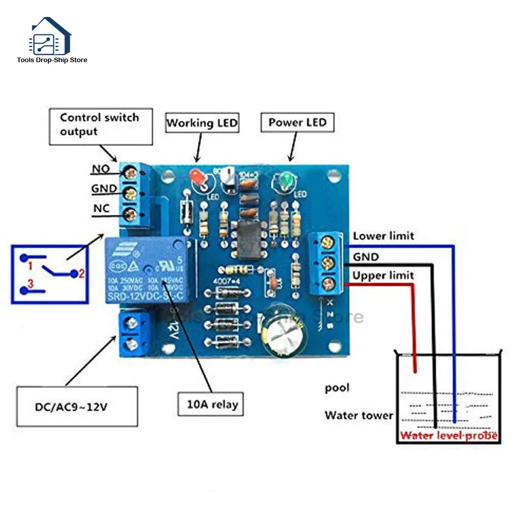 9V-12V Sensore Di Controllo Del Livello Dell'Acqua Liquida Pompaggio Automatico Drenaggio Rilevamento Del Livello Dell'Acqua Controllo Della Pompa Di 