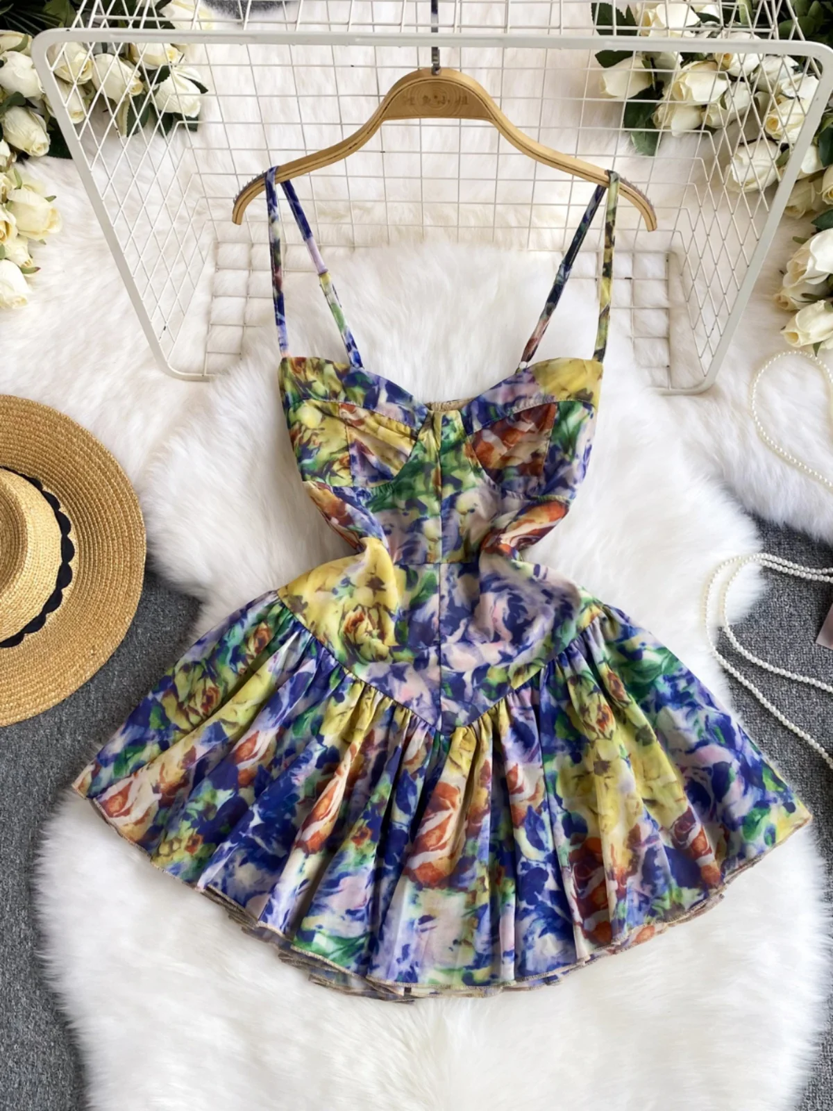 Minivestido francés elegante para Mujer, estampado Floral, tirantes finos, cintura alta, línea A, Vestidos De Ballet, envío directo