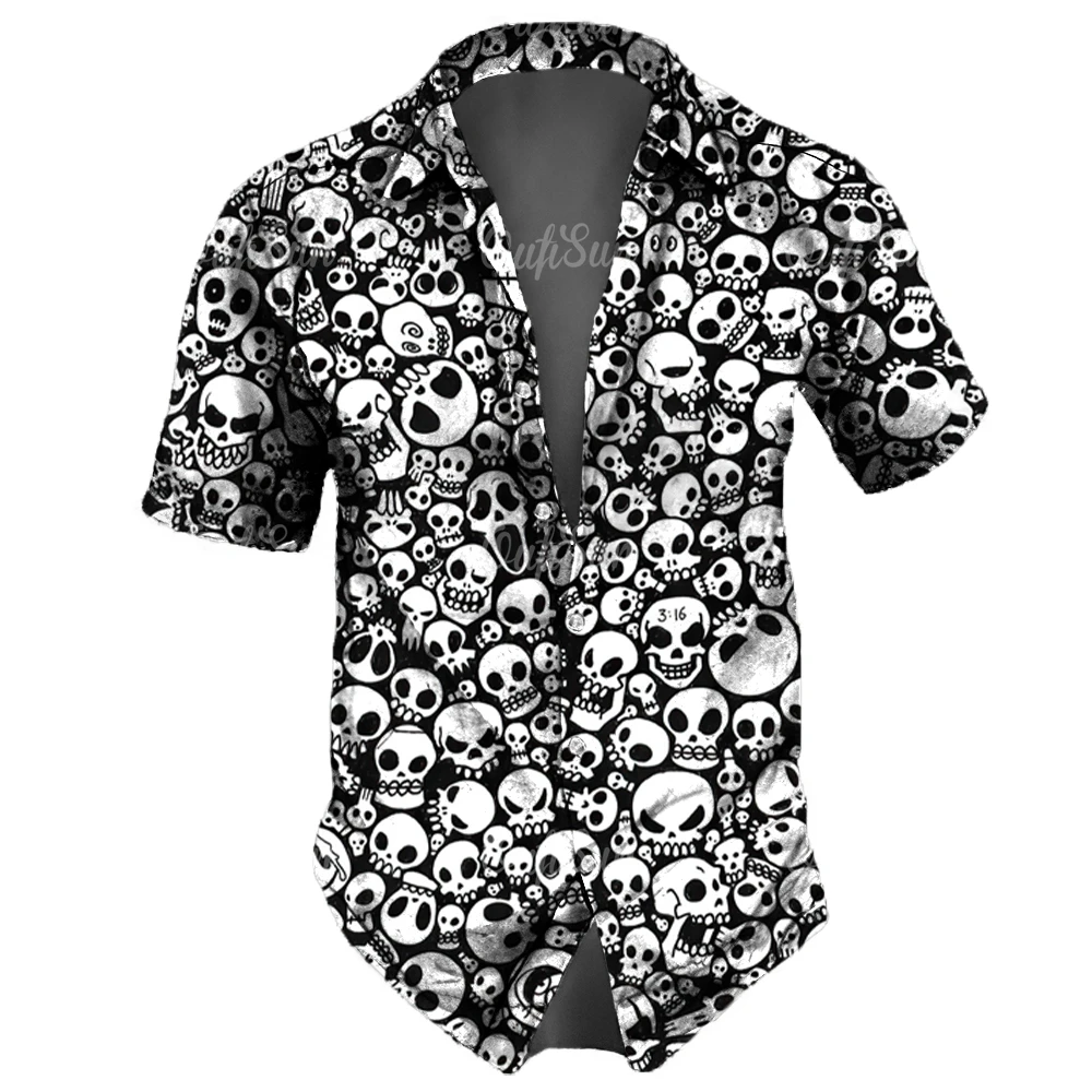 Skull Lapel Men'S Shirts Horror 3d Print Casual Hawaiian Shirts Man Retro Shirt For Man Street Button Short Sleeves Male Clothes 6