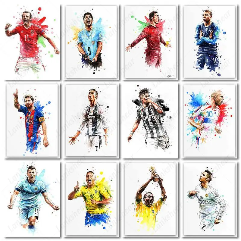 Football Star Poster Soccer Players Figures Canvas Painting Watercolor