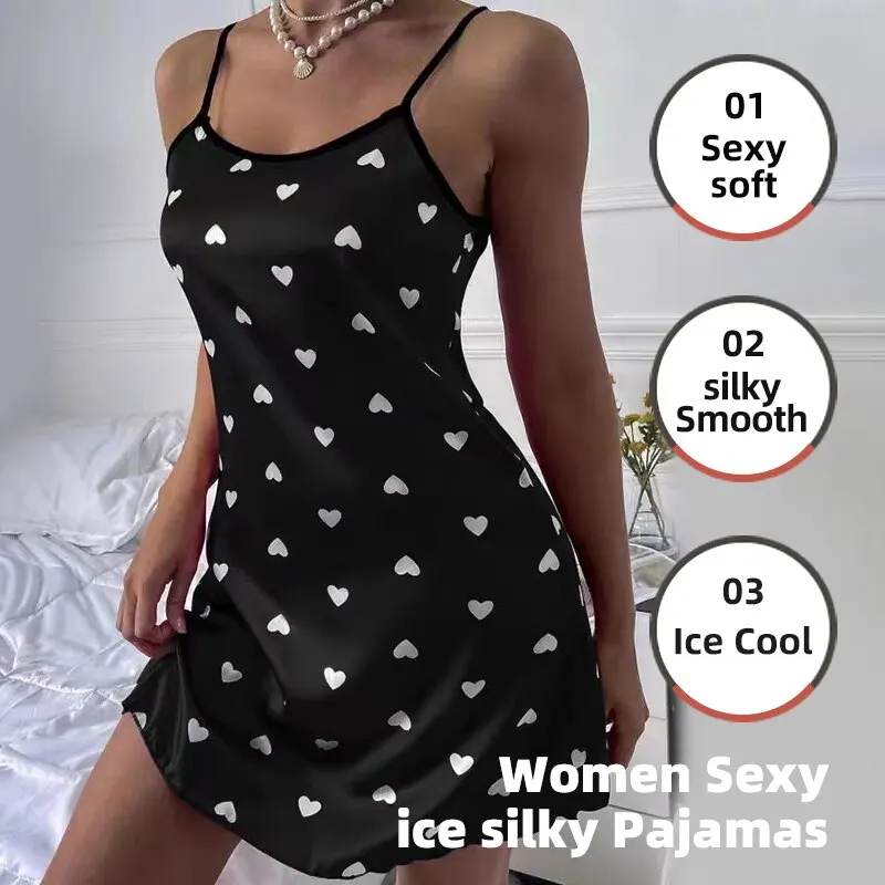 Women Nightgowns Sexy Ice Silky Pajamas Nightdress Slip Skirt L XL XXL Red Black Summer