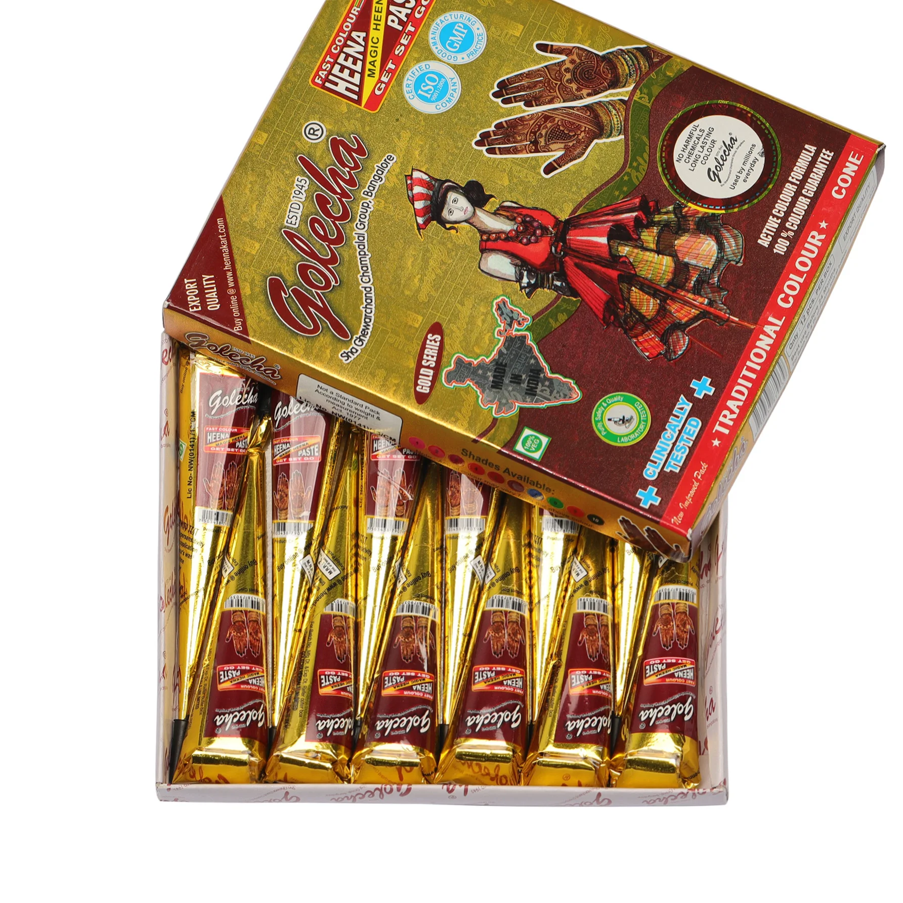 GOLECHA Henna Tattoo Paste Cones Indian Mehndi For Temporary Tattoo Body Art 12pcs/box