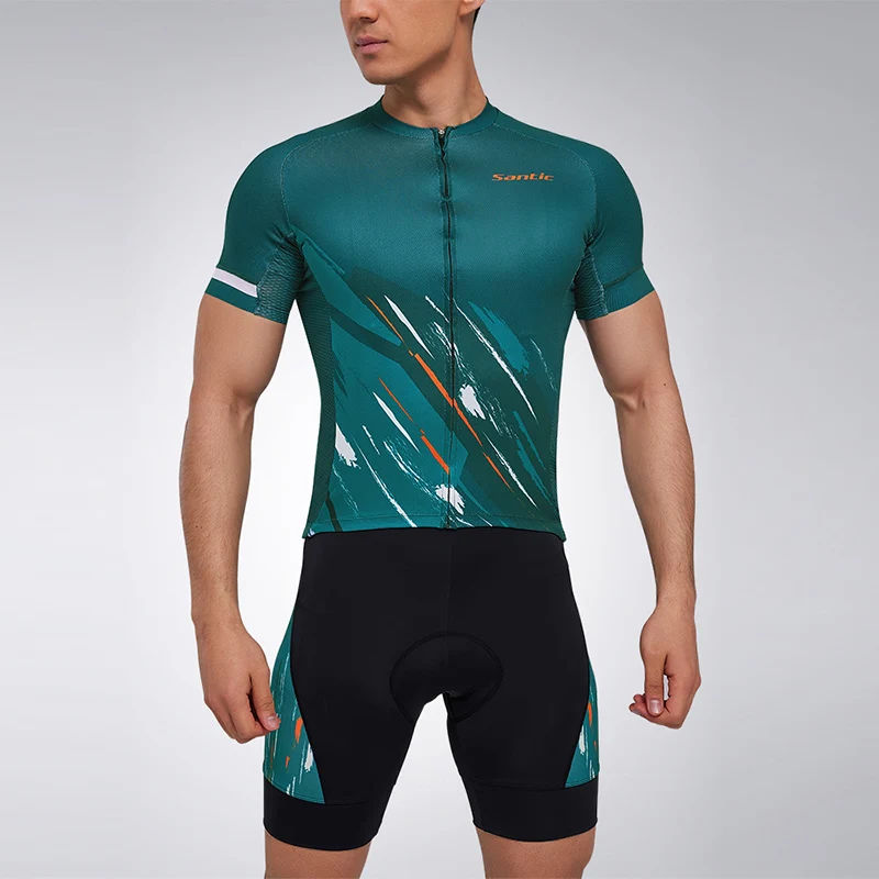 Santic Men Summer Cycling Set Suit Short Sleeve Jersey and Padded Bib Shorts 