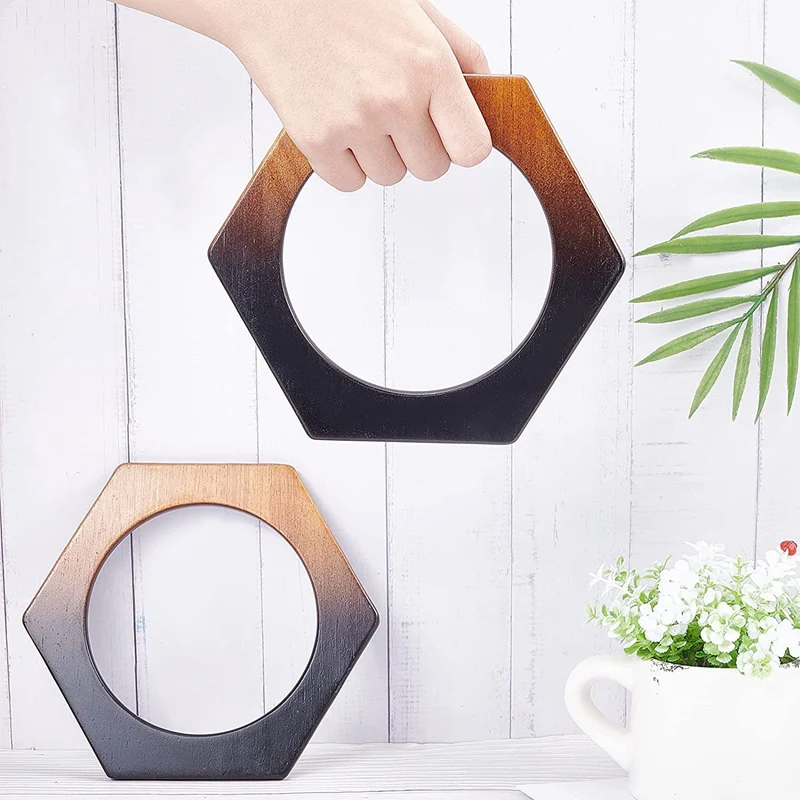 A85Q-2Pcs Wooden Purse Handle Hexagon Shaped Wooden Bag Handles Handbag Handles Replacement DIY Handmade Macrame Bag Handle