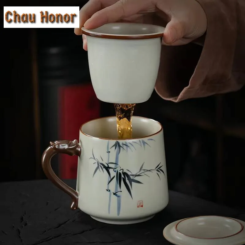 390ml Hand-painted Beige Ru Kiln Open-piece Ceramic Tea Cup Office Cup with Lid Filtered Water Cup Personal Use Mug Gift Box