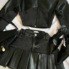 Y2K Leather Spliced Denim Black Two Piece Set Women Harajuku Gothic Long Sleeve Zipper Jacket Mini Pleated Skirt Autumn Jacket 3