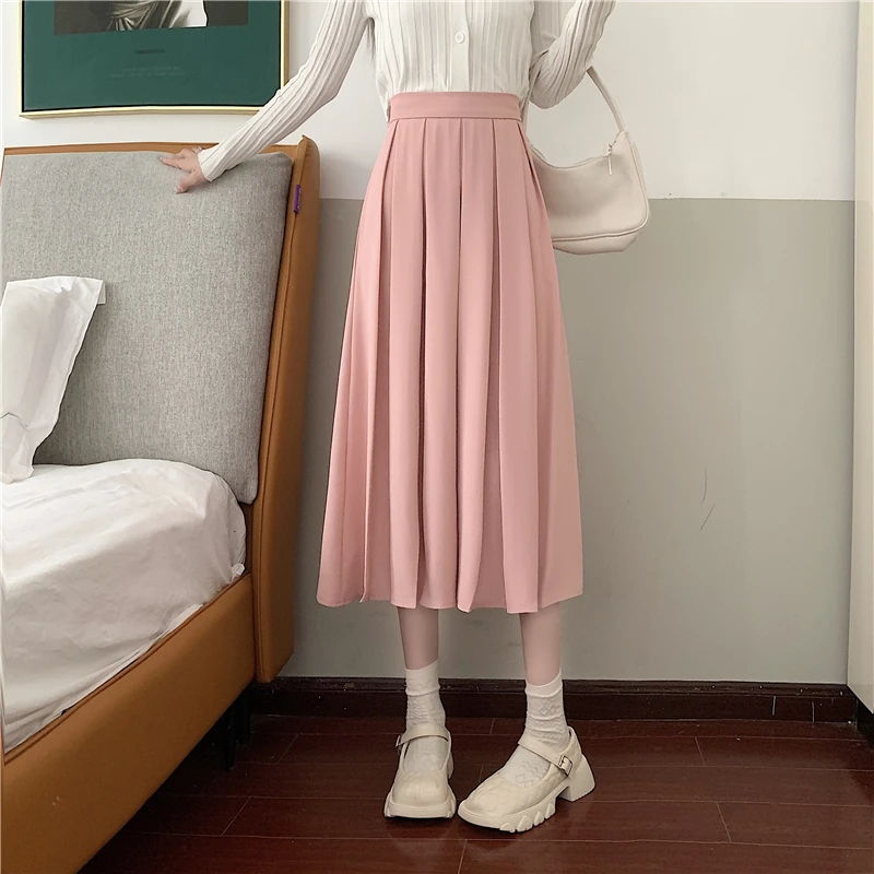 PLAMTEE Mid-Length Pleated Skirts Women S-L 4 Colors New A-Line Fashion High Waist Solid Slim Casual Summer Daily Streetwear OL skirt and top